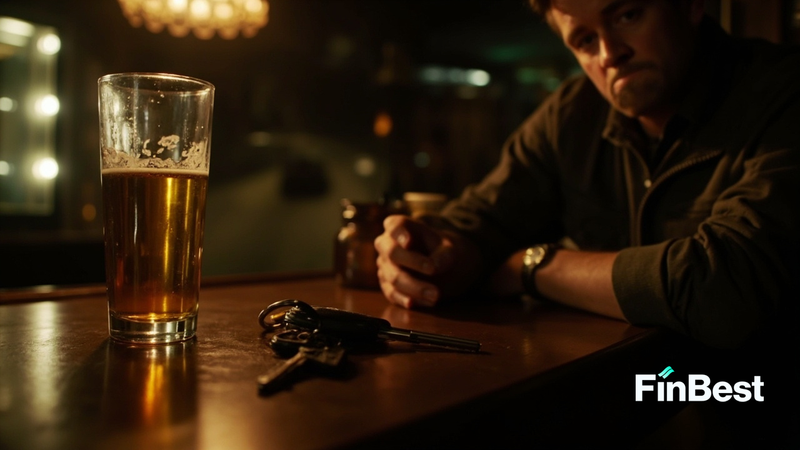 Чоловік сидить у барі поруч із келихом пива, а на столі перед ним лежать ключі від автомобіля — візуальне попередження про небезпеку кермування напідпитку.